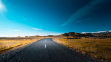 Asfalt yolu ile İzlanda manzarası