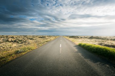Asfalt yolu ile İzlanda manzarası