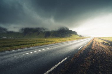 Asfalt yolu ile İzlanda manzarası