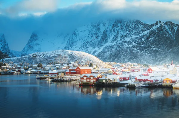 Χιόνι Reine Village Lofoten Islands Νορβηγία — Φωτογραφία Αρχείου