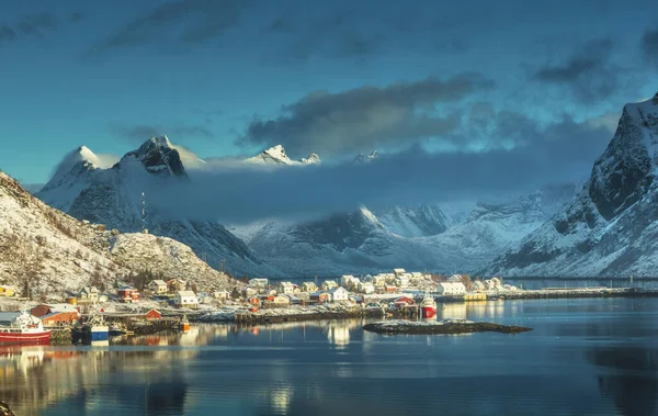 Sníh Reine Village Lofotenské Ostrovy Norsko — Stock fotografie