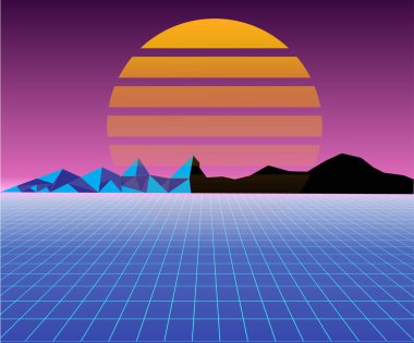 Retro 80'ler manzara fütüristik güneş. Sci-Fi 80s arka plan stili. 80'li yıllarda herhangi bir baskı tasarımı için uygun stil