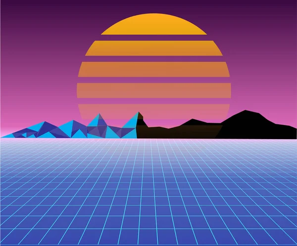 Retro 80er Jahre Sonnenlandschaft futuristisch. Science-Fiction-Hintergrund 80er Jahre Stil. Geeignet für jedes Printdesign im Stil der 80er Jahre — Stockvektor