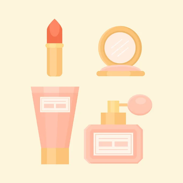 Platte make-up set met parfum, lippenstift, room — Stockvector