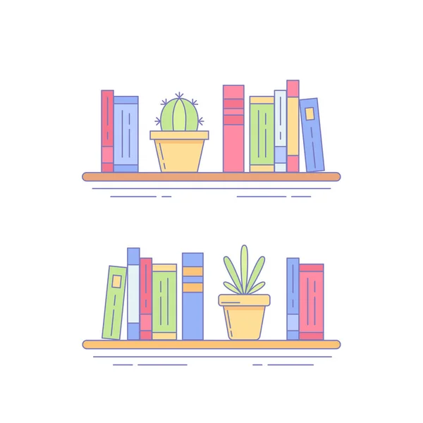 Cactus, Succulent on Bookshelf with Books — Stock Vector