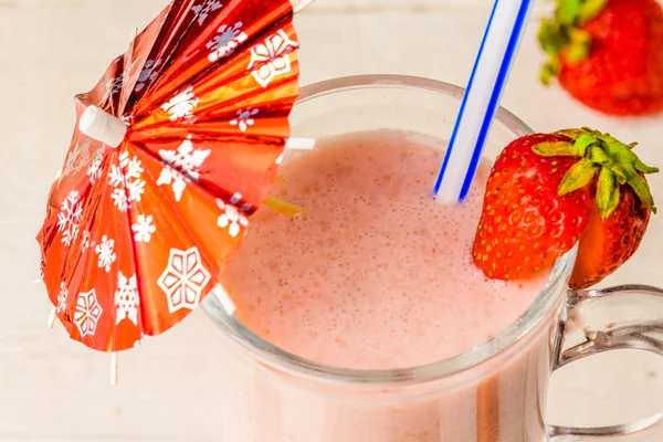 Strawberry Cocktail Close White Wooden Vintage Table Umbrella Strawberry Edge Royalty Free Stock Photos