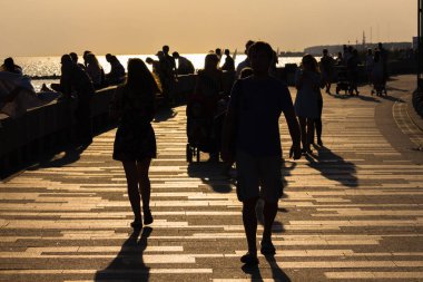 Mutlu arkadaş ve neşeli insanlar doğada Finlandiya Körfezi, St. Petersburg Baltık Denizi screensaver üstünde okul sırası Rıhtımlar üzerinde oturan bir güneşli yaz gününde parkta dinlenmek için git