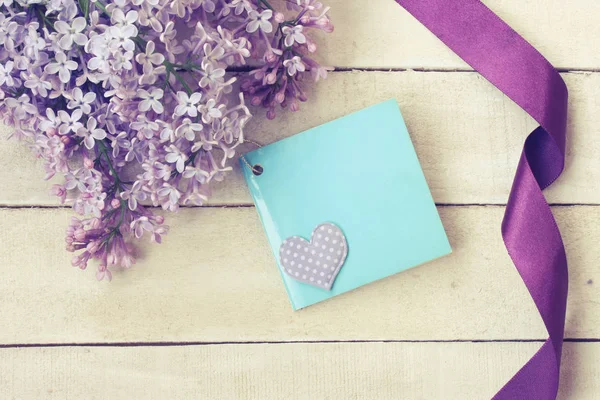 Branch Lilac Silk Purple Ribbon Congratulation Card Heart Wooden Table — Stock Photo, Image