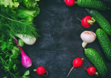 arka plan ile baharatlı otlar, marul, soğan, sarımsak salatalık, turp, siyah eski püskü tablo, yaz salatası malzemeler