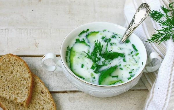 Cold Kefir Soup Cucumber Herbs Garlic White Bowl Wooden Table — Stock Photo, Image