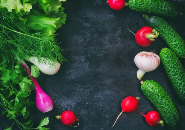 arka plan ile baharatlı otlar, marul, soğan, sarımsak salatalık, turp, siyah eski püskü tablo, yaz salatası malzemeler