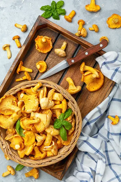 Wild chanterelles in a wicker basket close-up.