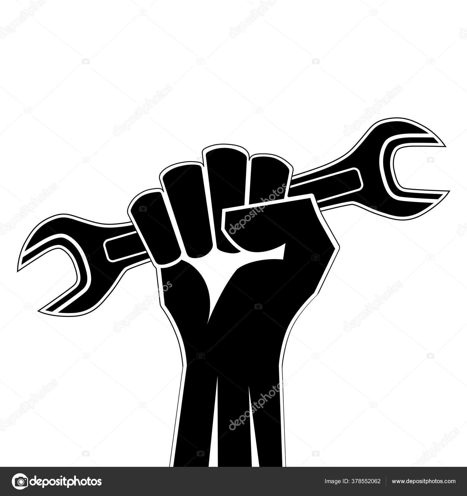 Поднятый Кулак Держит Вектор Иконки Гаечного Ключа Сжатый Кулак.