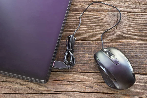 Laptop Mouse Wooden Background — Stock Photo, Image