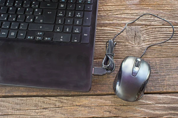 Laptop Mouse Wooden Background — Stock Photo, Image