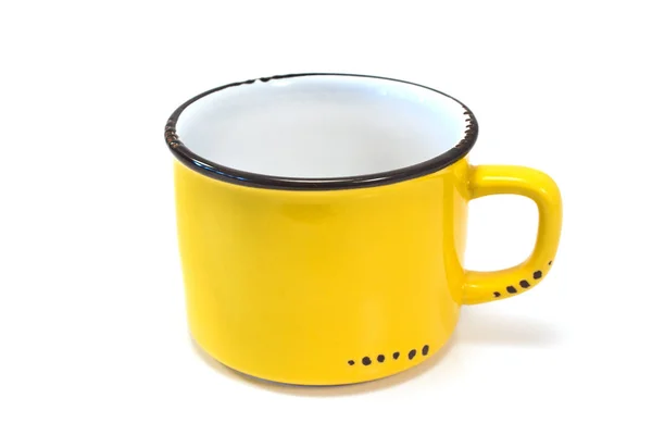 Caneca Esmalte Amarelo Isolado Branco — Fotografia de Stock