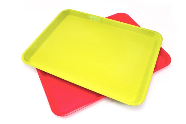 Kleurrijke Lunch Kunststof Vierkante Voedsel Platen Geïsoleerd Wit — Stockfoto