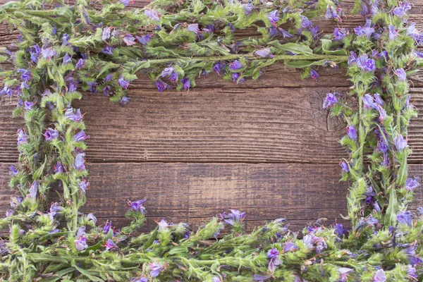 Blauer Blumenrahmen auf Holzgrund — Stockfoto