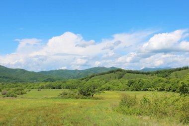 Yeşil çim, tepeler yol ve bulutlar ile yaz manzara