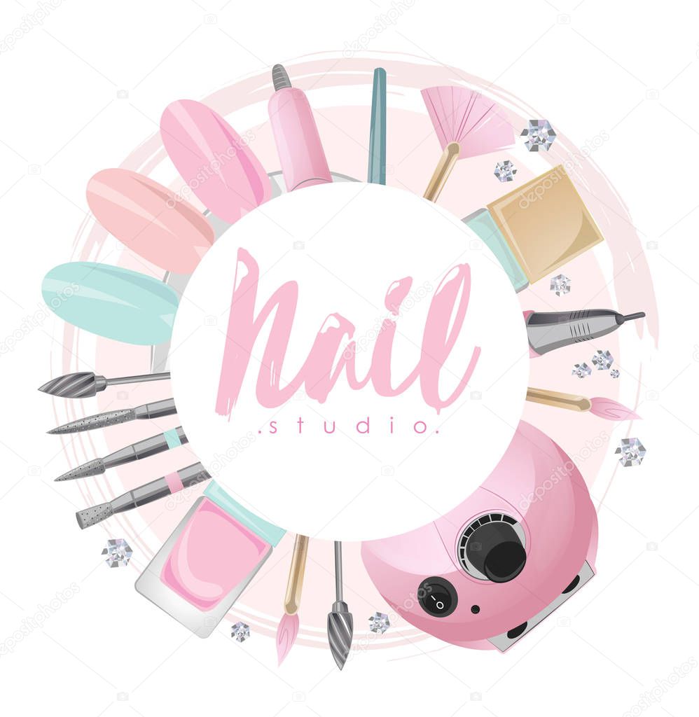 Cosmetics and accessories for manicure or pedicure, nail file, nail polish and remover, nail clippers, concept of nail care, copy space for text
