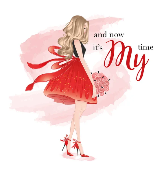 Belle dame blonde avec bouquet en robe rouge — Image vectorielle