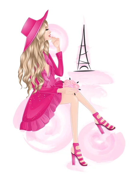 Hermosa chica rubia en sombrero sobre fondo eiffel — Vector de stock