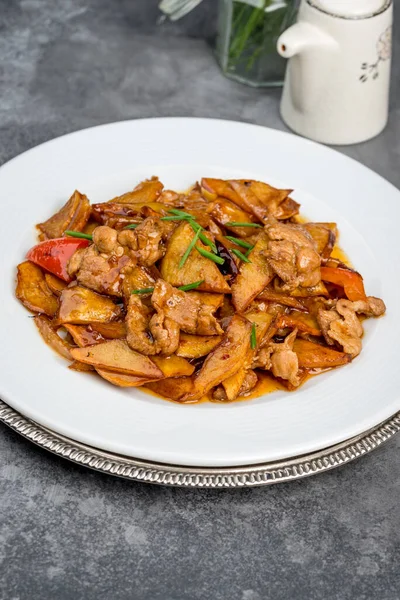 Fried Potatoes Pork White Plate Gray Background Close Shot — Stock Photo, Image