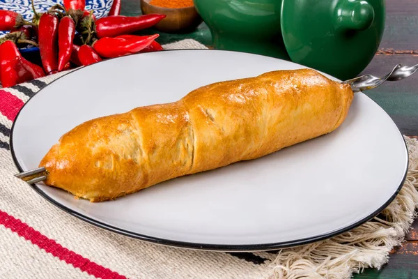 Khachapuri Sur Une Brochette Est Cuit Charbon Bois Gros Plan — Photo