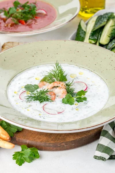 Ulusal yemekler kefir üzerine okroshka. Kapat.