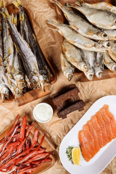 Pescado Seco Surtido Para Cerveza Tiro Cerca —  Fotos de Stock