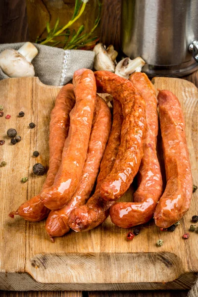 Smoked Sausages Shot Wooden Close Background — Stock Photo, Image