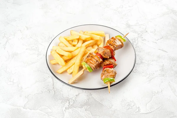 Shish Kebab French Fries White Plate Close Shot — Stock Photo, Image