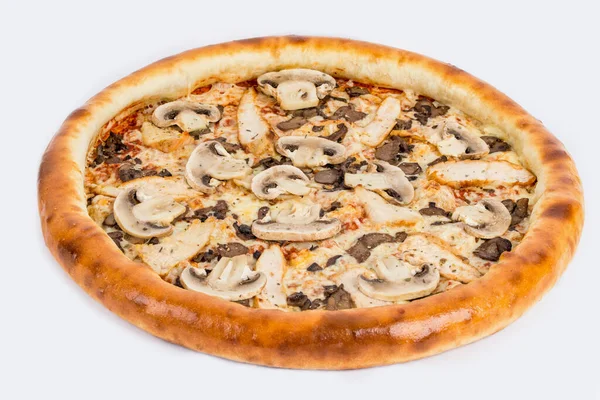 Pizza Con Funghi Sparata Piatto Bianco Vicino — Foto Stock