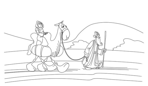 Abraham goes forward. Sarah is riding a camel.