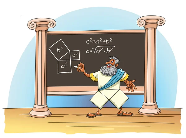 Matematikeren Pythagoras skriver og beviser teoremet: – stockfoto