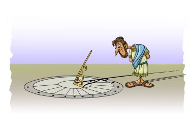 Ancient Greek looks at the sundial, from which the shadow falls clipart