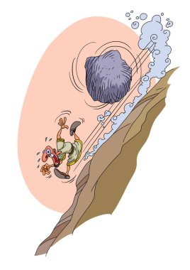 Taş dağdan aşağı yuvarlanır ve adam kaçar.