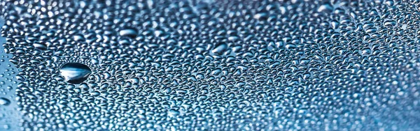 Banner Com Gotas Água Azul Vidro Fundo Abstrato Grandes Pequenas — Fotografia de Stock