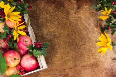 Elma, böğürtlen ve eski ahşap bir arka planda bir kutuda Kudüs enginar çiçekleriyle arka plan. Şükran Günü arkaplanı mevsimlik meyveler ve meyvelerle dolu. Bolca hasat kavramı.