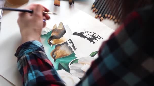 Dibujar Pájaros Increíbles Con Flores Acuarela Una Hoja Papel Con — Vídeo de stock