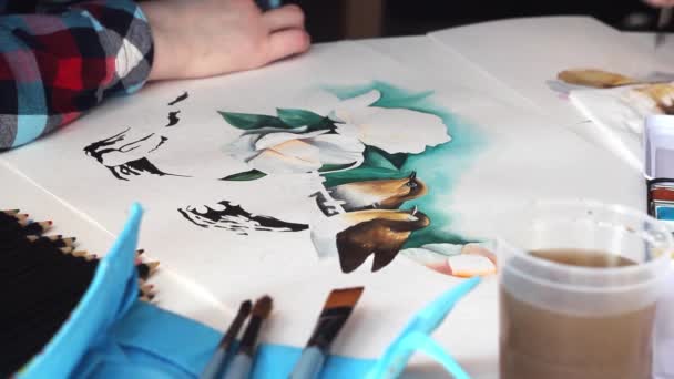 Rysowanie Niesamowite Ptaki Akwarela Kwiaty Arkuszu Papieru Pędzlem — Wideo stockowe