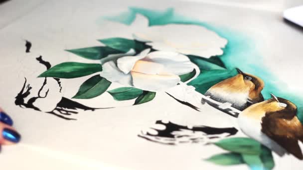 Drawing Beautiful Birds Watercolor Flowers Paper Sheet Brush — Stock Video