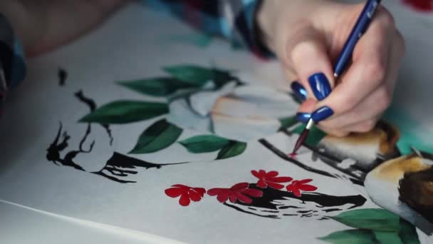 Disegnare Bellissimi Uccelli Con Fiori Acquerello Foglio Carta Con Pennello — Video Stock