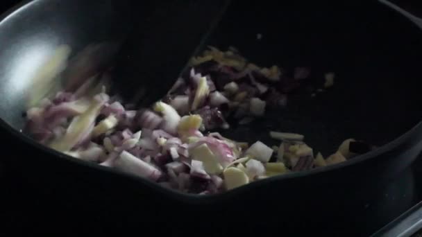 Smażenie cebuli z czosnkiem na patelni — Wideo stockowe