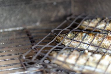 Barbekü partisi güneşli gün boyunca ızgara üzerinde üç taze kavurma balıklar.