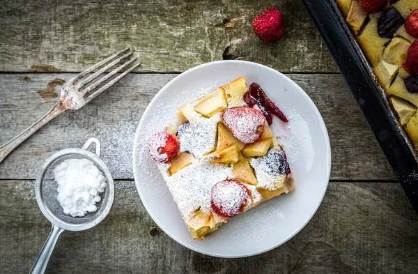 Strawberry Cake White Plate Rustic Wooden Background — Stock Photo, Image