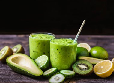 Yeşil smoothie avokado, limon ve doğal ahşap zemin üzerine kivi tarafından yapılan.