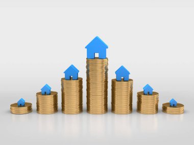 Beyaz arkaplanda izole edilmiş ev simgesi olan altın para yığınları.