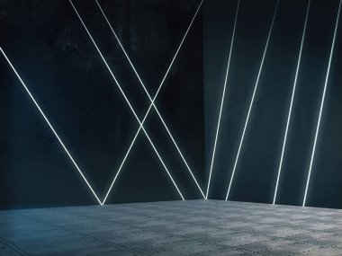 Işık saçan boş oda, soyut boşluk 3D görüntüleme 