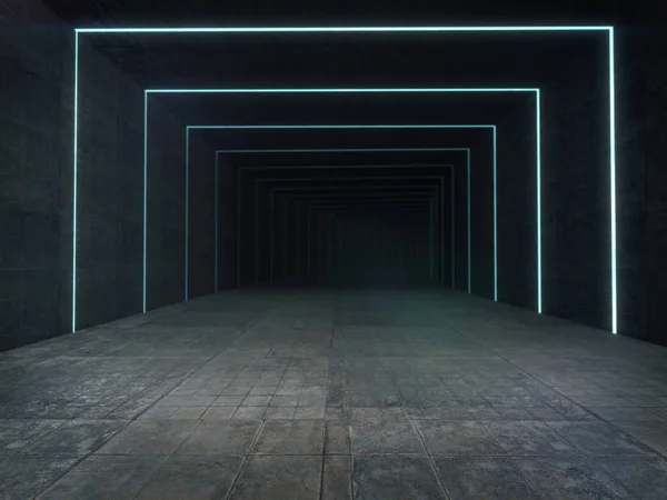 Uzun, karanlık bir koridor. Fütürist bir ışık 3D görüntüsü var.